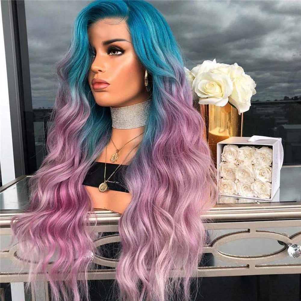 Blue-purple Gradient-dyed Wig Made Of Synthetic Fiber